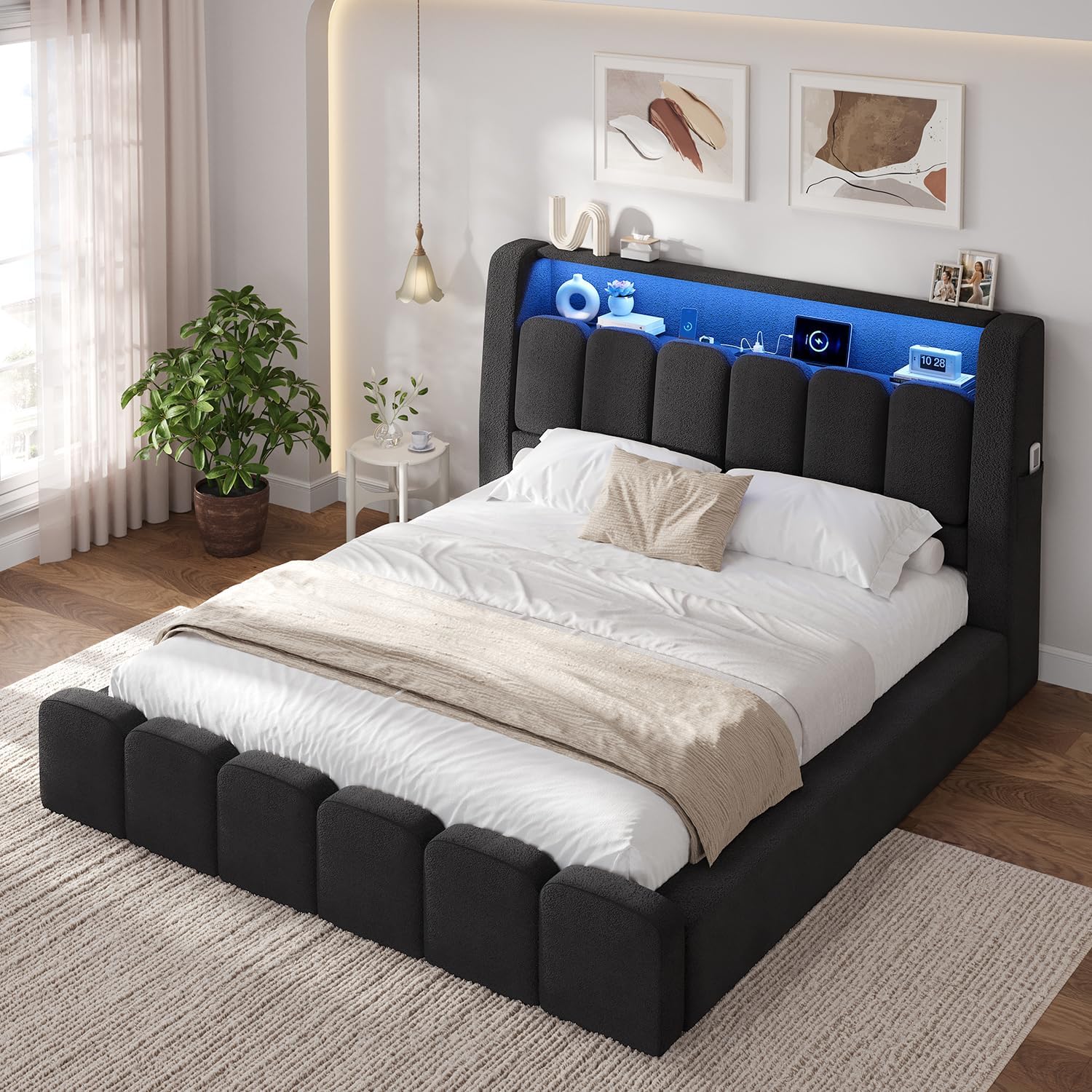 ADORNEVE Chenille Upholstered Cloud Bed, Thickened Foam Cushioned, Queen | Storage Headboard, LED Light, Charging Station, Rounded Corner, Buffer Wrapped Edges, Chenille Upholstered Bed, Eas